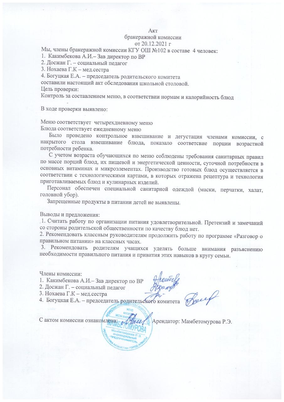 Акт бракеражной комисии