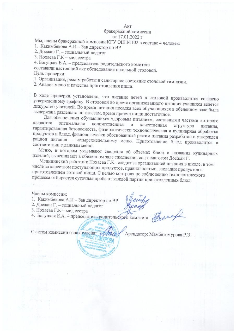 Акт бракеражной комисии