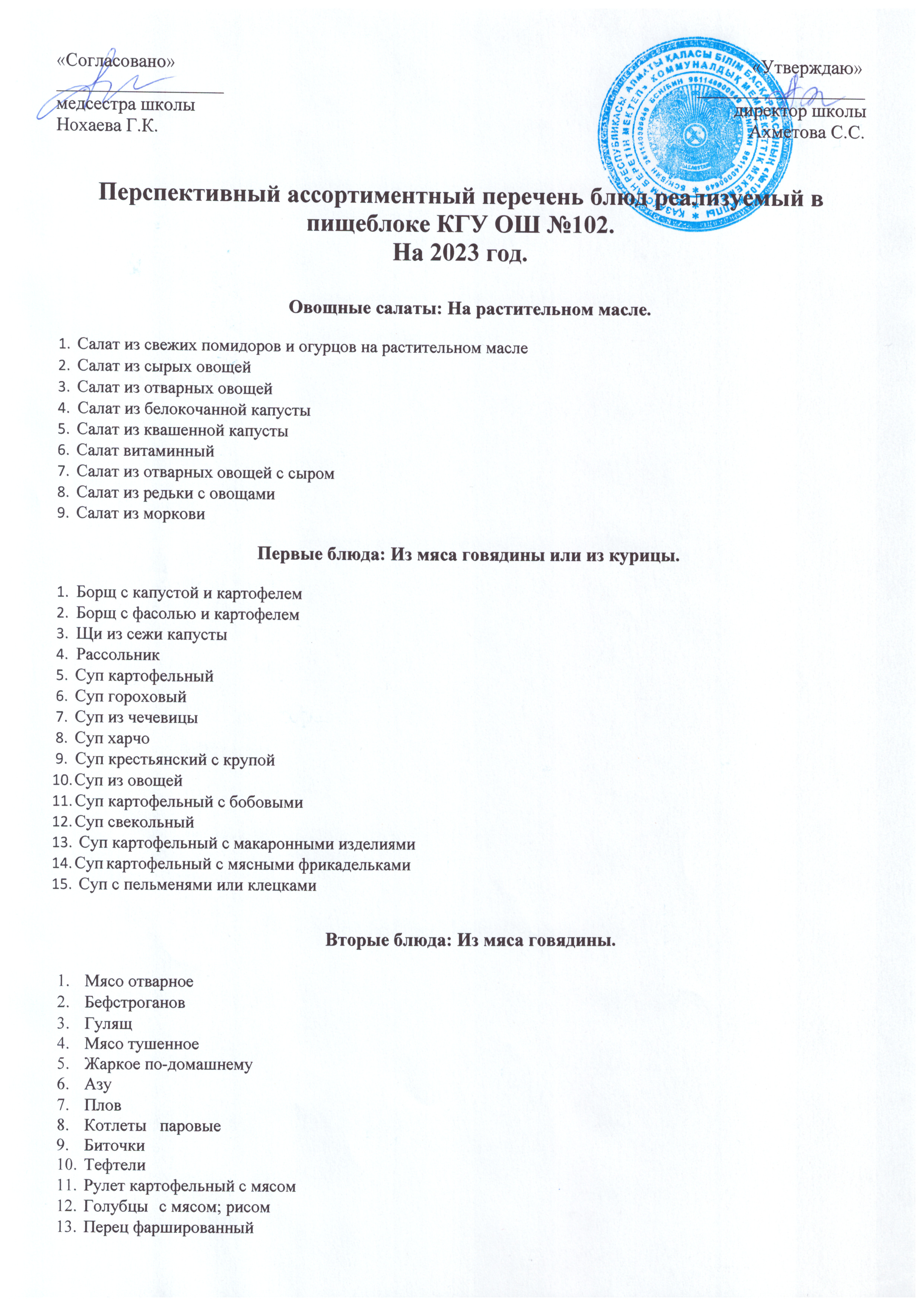 №102 ЖББМ КММ тамақтандыру бөлімінде берілетін тағамдардың перспективалы ассортимент тізімі